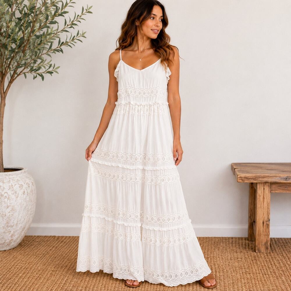 Jessica Simpson White Lace Trim Cold Shoulder Maxi Dress Sz L